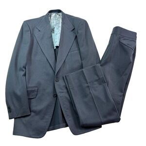 VTG 70s 44XL 44L 34x32 2pc Pant Suit Heavy Knit Blue Retro Pick Stitch Flare USA